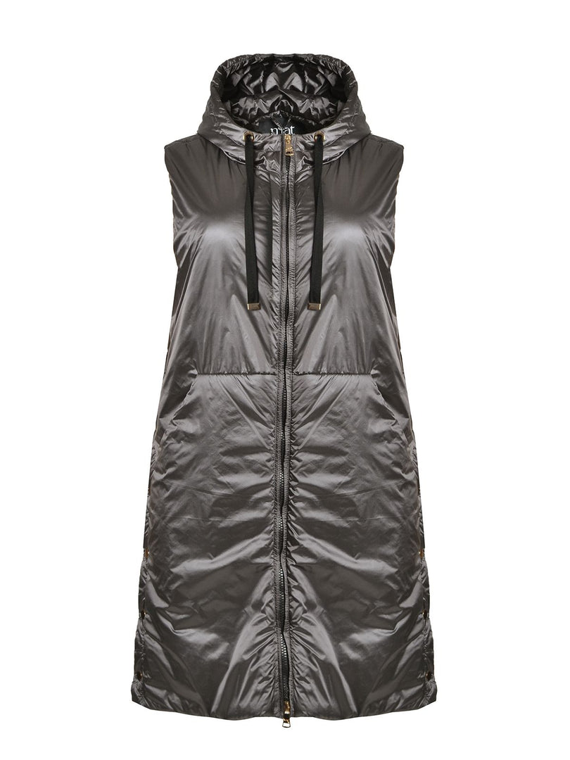 Gilet lungo imbottito smanicato con cappuccio